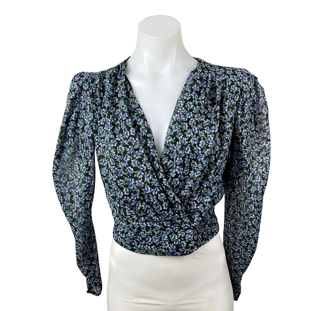 Zara Women's Blue Floral Long Puff Sleeve V Neck Faux Wrap Cropped Blouse Top XS